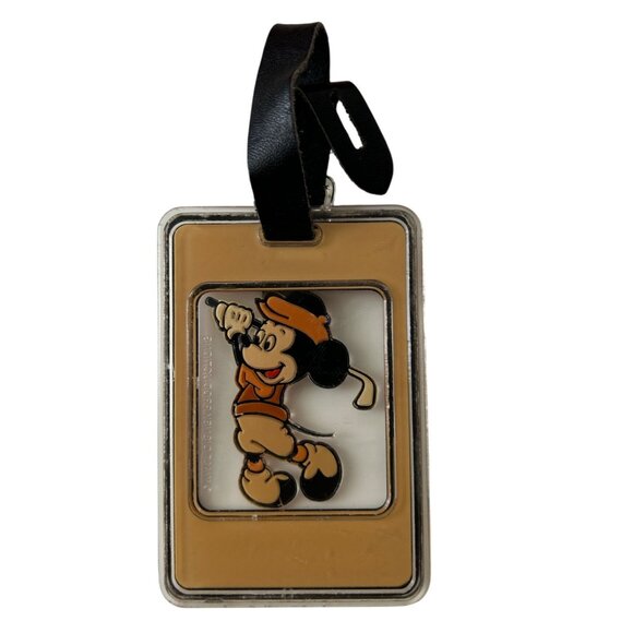 Walt Disney World Mickey Mouse Golf Bag Luggage Tag Hard Plastic Vintage Tan Wht - Picture 2 of 2